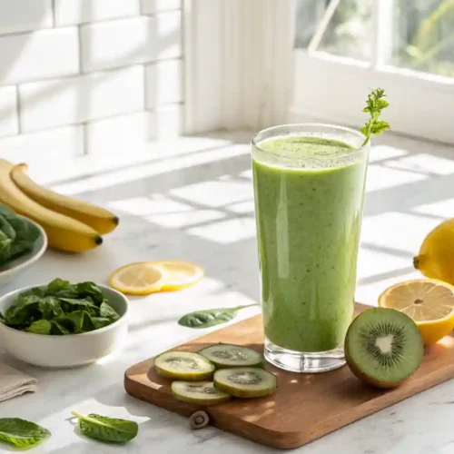 Tall glass of glowing green detox smoothie with spinach, banana, kiwi, and lemon ingredients on a white kitchen counter.
