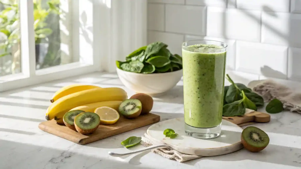Fresh Glowing Green Detox Smoothie in a tall glass with bananas, kiwi, lemon, and spinach on a bright kitchen counter.