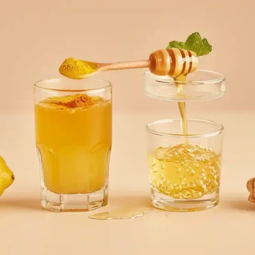 Natural Mounjaro Recipe Flat lay of lemon halves, ginger slices, mint, turmeric, honey, apple cider vinegar, water, and measuring spoons on an off-white surface.