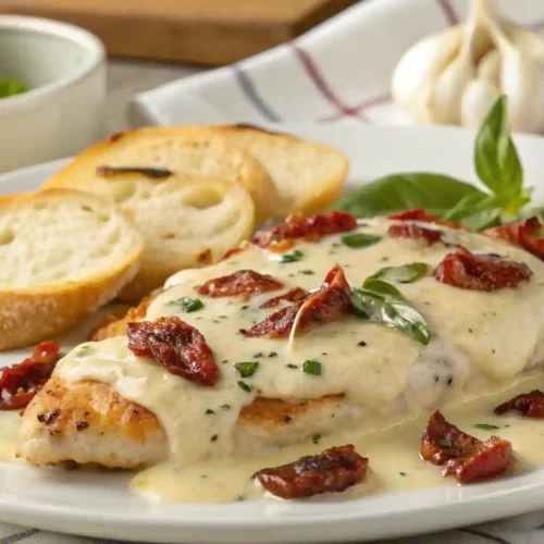 Marry Me Chicken recipe with creamy Parmesan sauce and sun-dried tomatoes