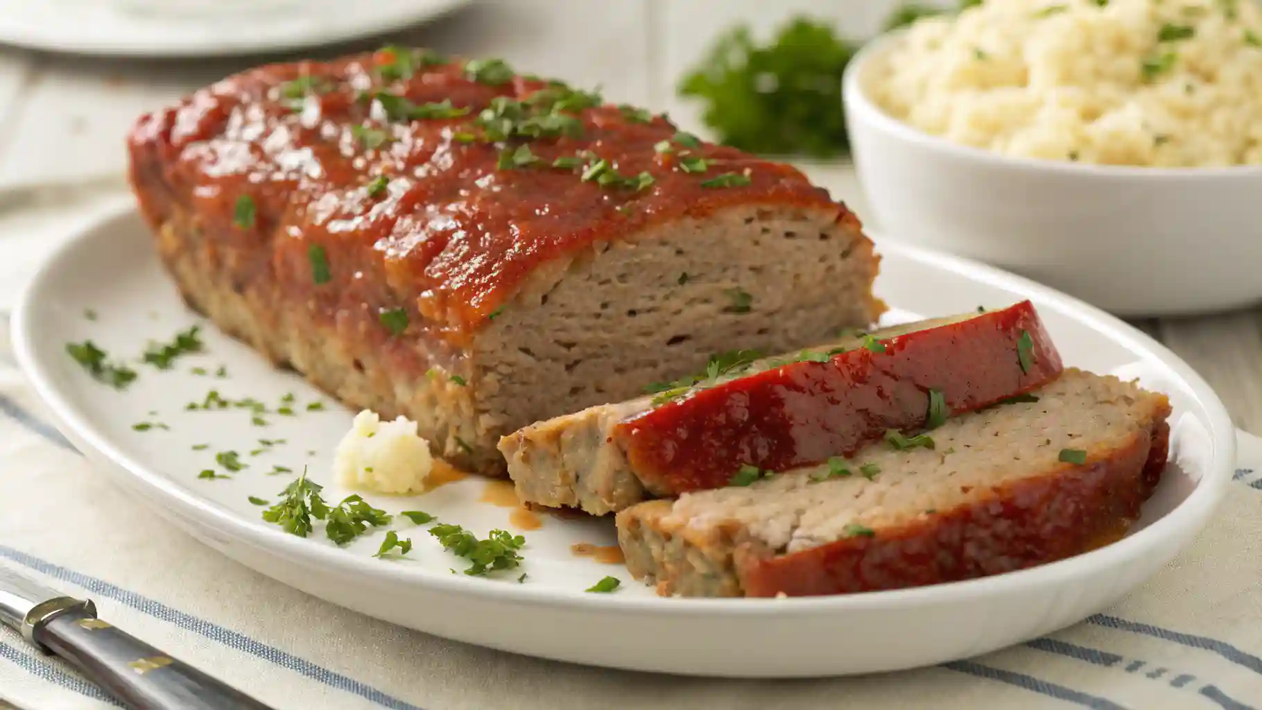 Classic Meatloaf Recipe with tomato glaze sliced and served on a white plate, garnished with fresh parsley and mashed potatoes in the background.