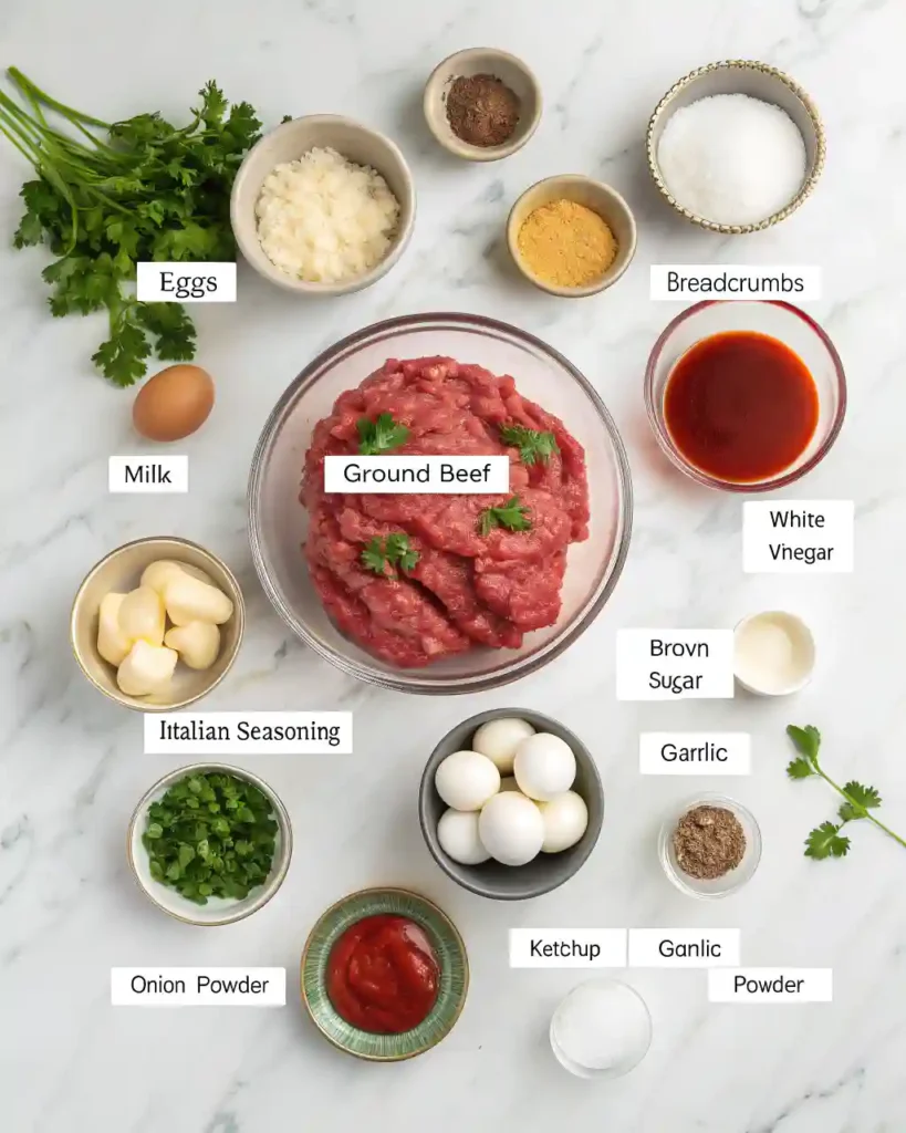 Flat lay of classic meatloaf ingredients including ground beef, eggs, breadcrumbs, milk, garlic, ketchup, parsley, seasonings, and glaze components on a marble surface with labeled bowls.