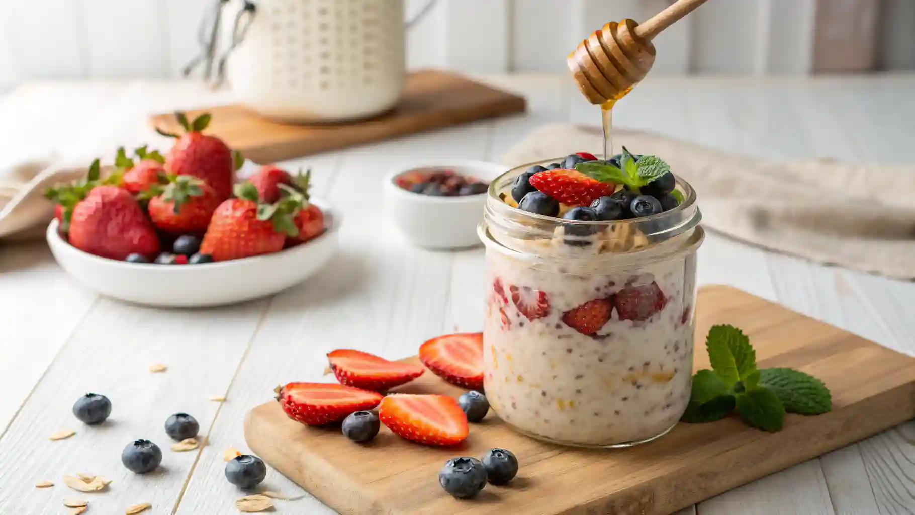 overnight oats recipe in a glass jar topped with fresh strawberries, blueberries, and a drizzle of honey on a kitchen counter.