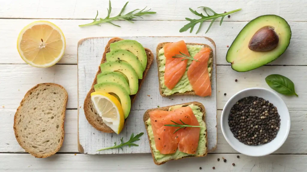 Whole-grain toast with avocado slices, smoked salmon, and lemon wedges on a rustic white wooden background.
