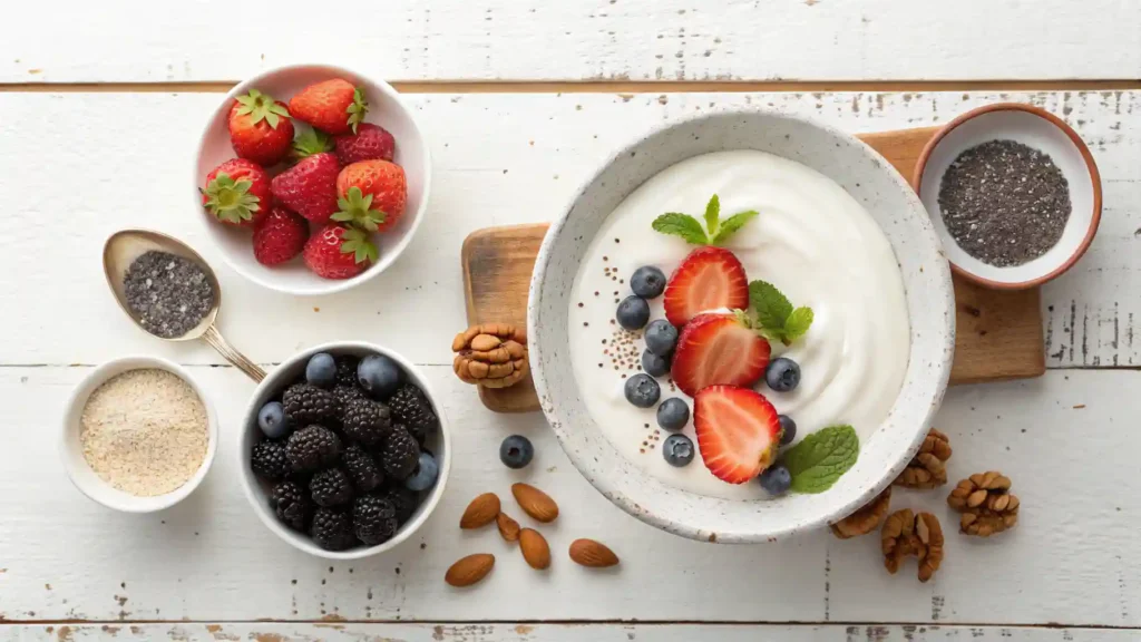 Greek yogurt topped with fresh strawberries, blueberries, chia seeds, and mint leaves, surrounded by blackberries, almonds, walnuts, and oats on a rustic white background.