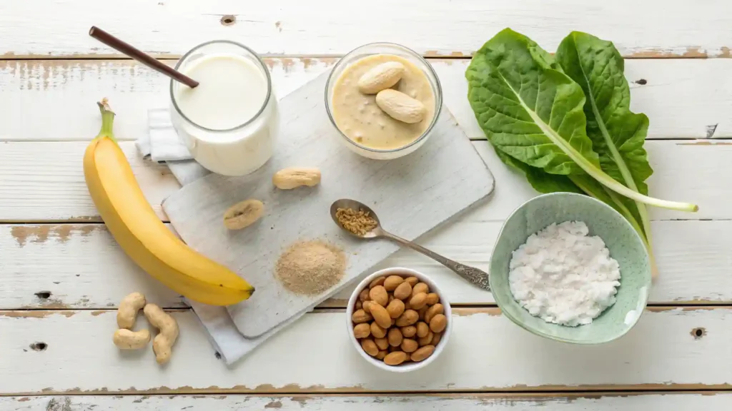Flat lay of protein smoothie ingredients including banana, milk, peanut butter, spinach, almonds, protein powder, and cottage cheese on a rustic white wooden background.