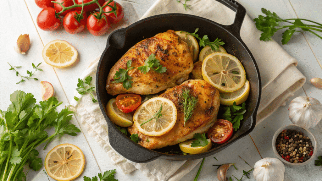 One-pan lemon garlic chicken with roasted vegetables in skillet