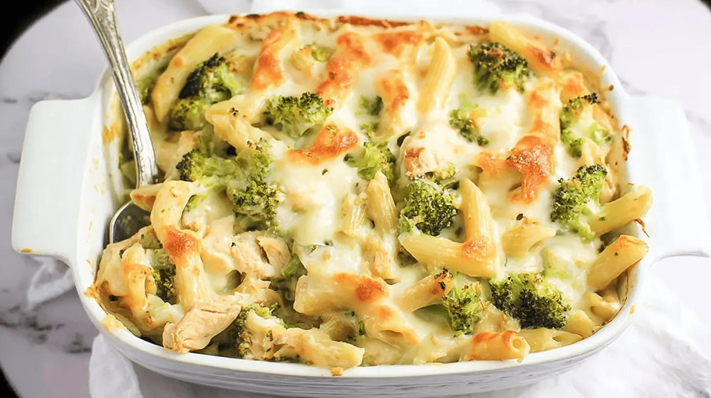 A creamy, baked chicken ziti broccoli alfredo casserole in a white baking dish with golden-brown melted cheese, penne pasta, and bright green broccoli florets, ready to be served.