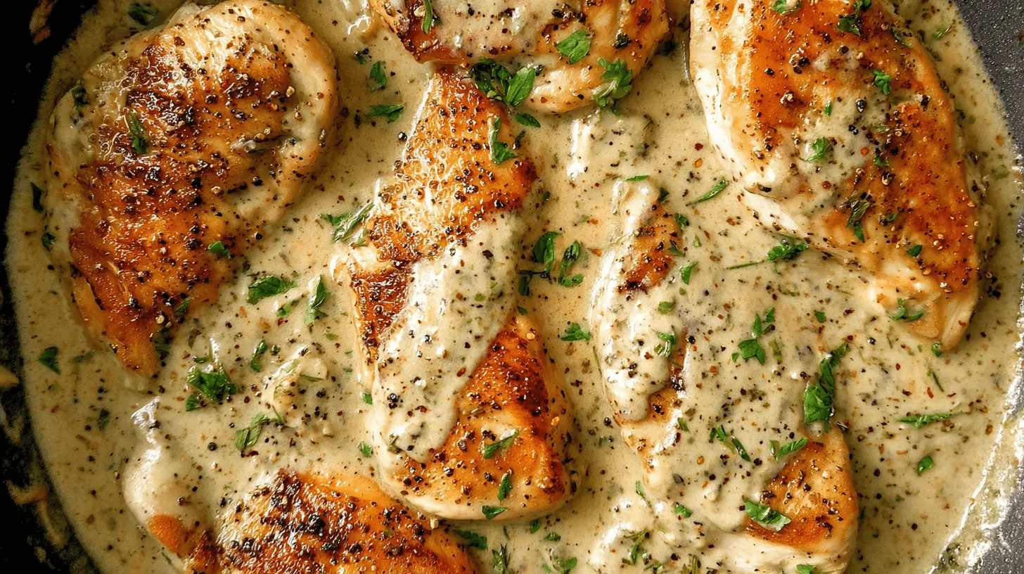 Close-up of a delicious pan-seared creamy ranch chicken recipe garnished with fresh herbs and black pepper.
