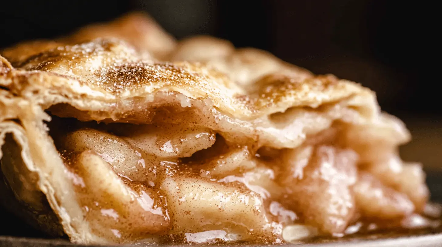 Delectable homemade apple pie slice with a golden, flaky crust and cinnamon-spiced apple filling, highlighting the perfect apple pie recipe.