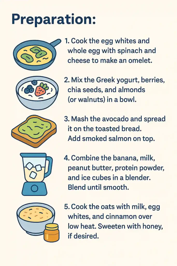 Infographic showing preparation steps for high protein breakfast recipes including omelet, Greek yogurt bowl, avocado toast with salmon, protein smoothie, and oatmeal.