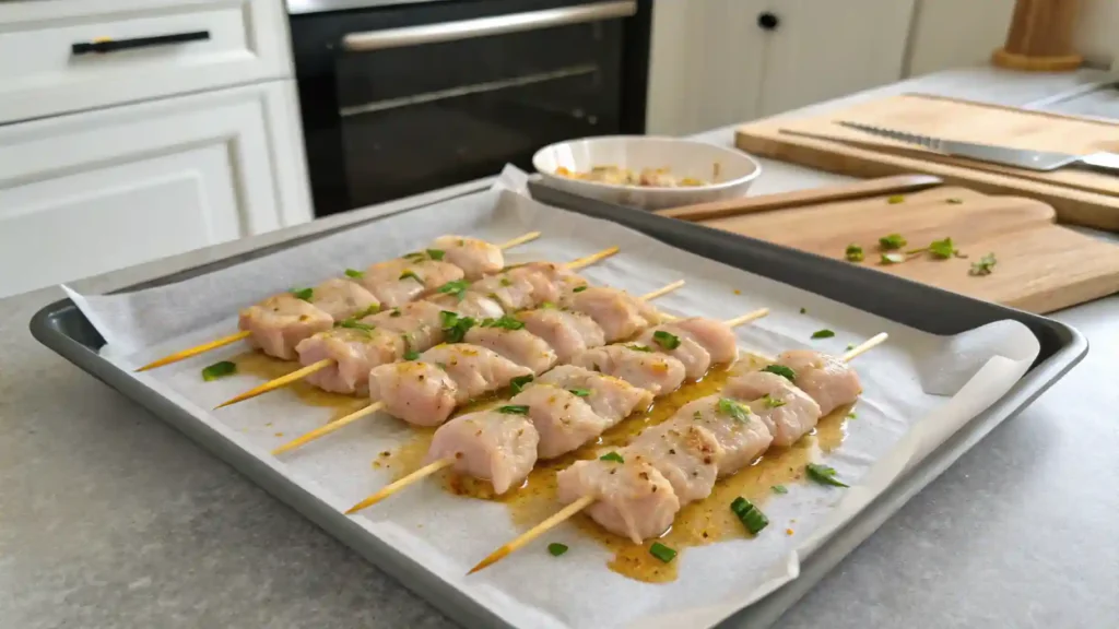 Top-down view of marinated chicken being threaded onto skewers to make ranch garlic parmesan chicken skewers, with marinade splatters nearby.