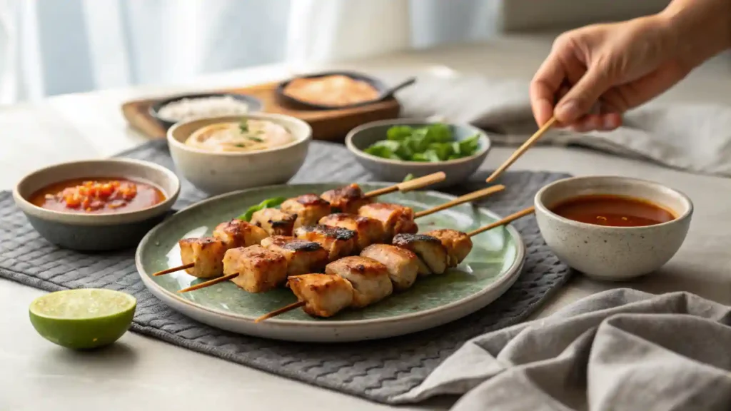 Overhead image of a plate of cooked ranch garlic parmesan chicken skewers served at a casual dinner table with dipping sauces and napkins.