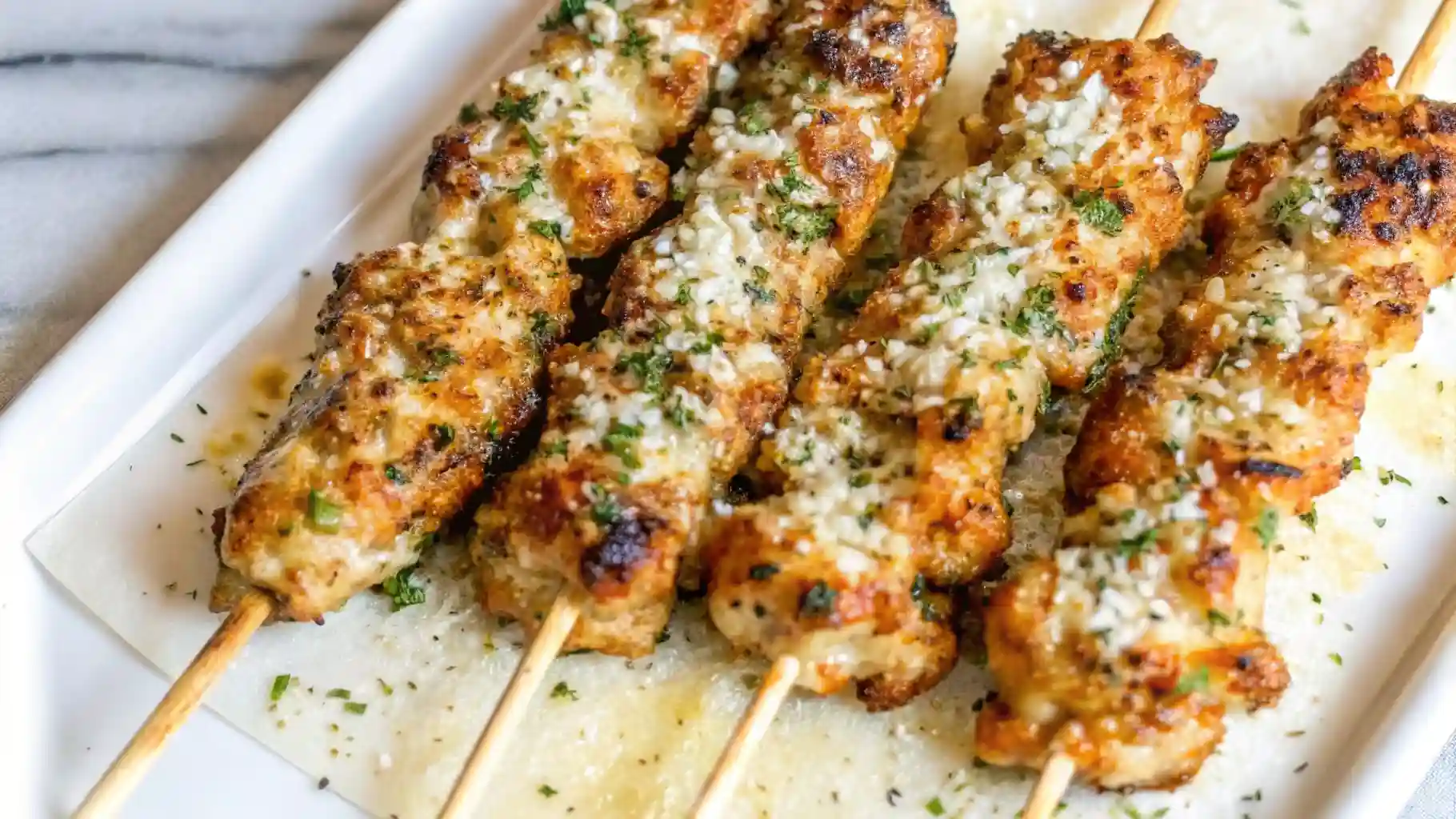 Overhead view of a kitchen counter with ranch garlic parmesan chicken skewers on a plate, surrounded by ranch dressing, parmesan, and a recipe card.