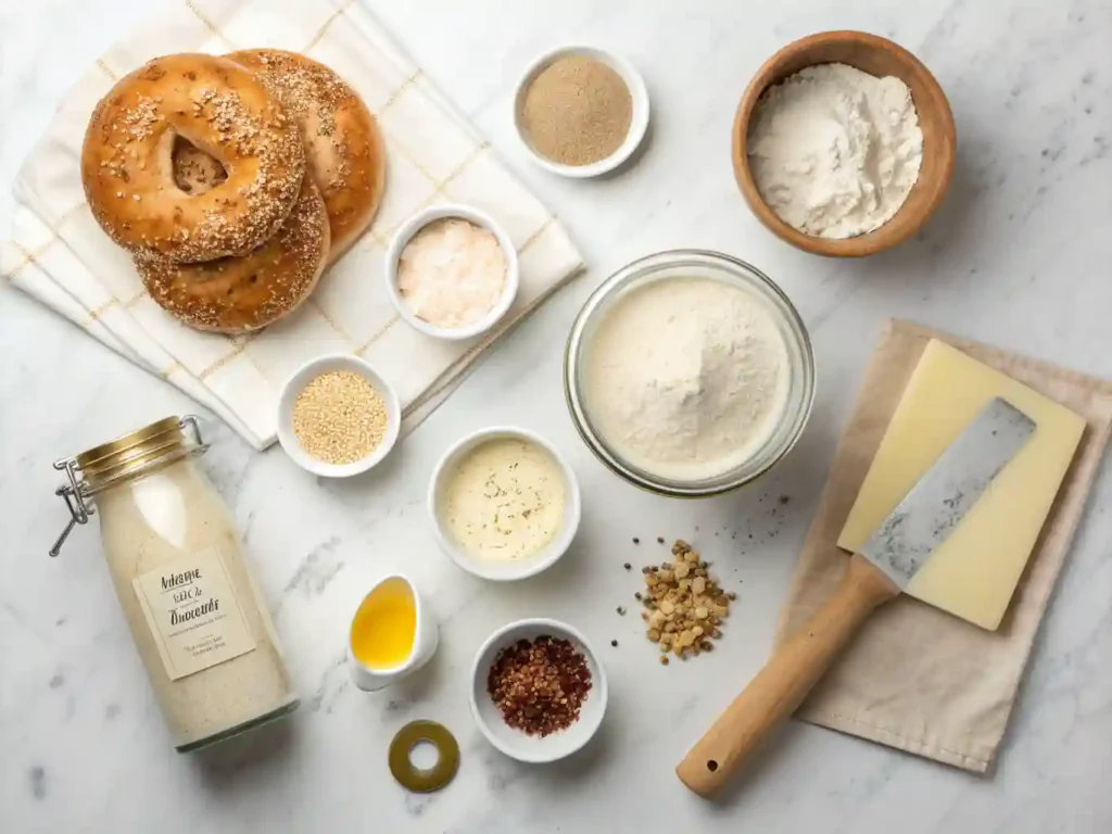 Mise en place of sourdough discard bagel ingredients arranged on marble