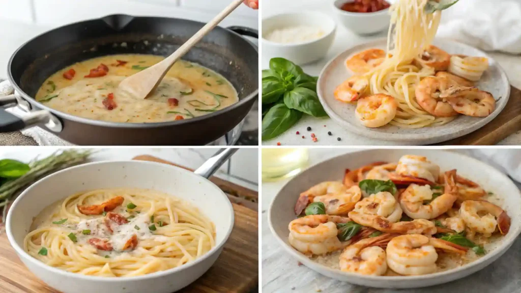 Creamy Sun-Dried Tomato Shrimp Pasta reamy sauce with sun-dried tomatoes and parmesan bubbling in a skillet.