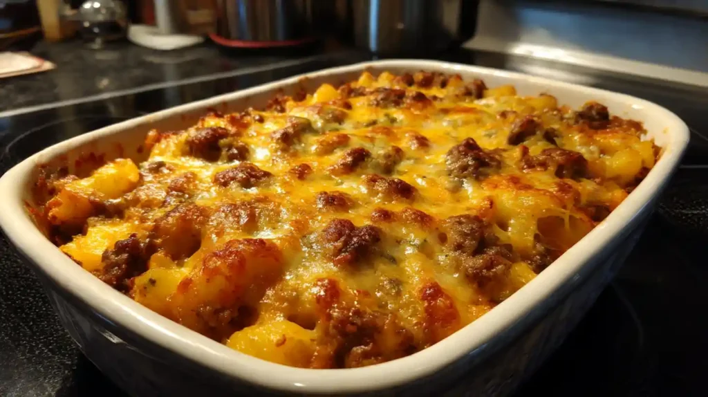 Golden, cheesy Amish Country Casserole with ground beef and pasta, baked until browned and bubbly.