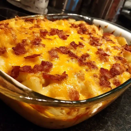 Bubbly Amish Country Casserole in a white baking dish—ground beef, pasta, tomato sauce, and melted cheddar fresh from the oven.