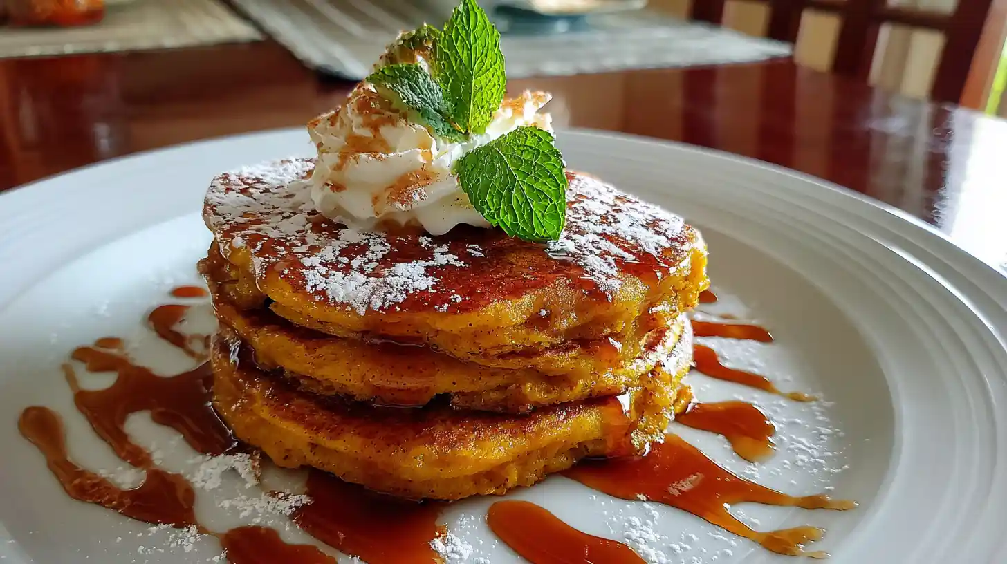 Stack of fluffy pumpkin pancakes topped with whipped cream, mint, powdered sugar, and caramel drizzle — Pumpkin Pancake Recipe.