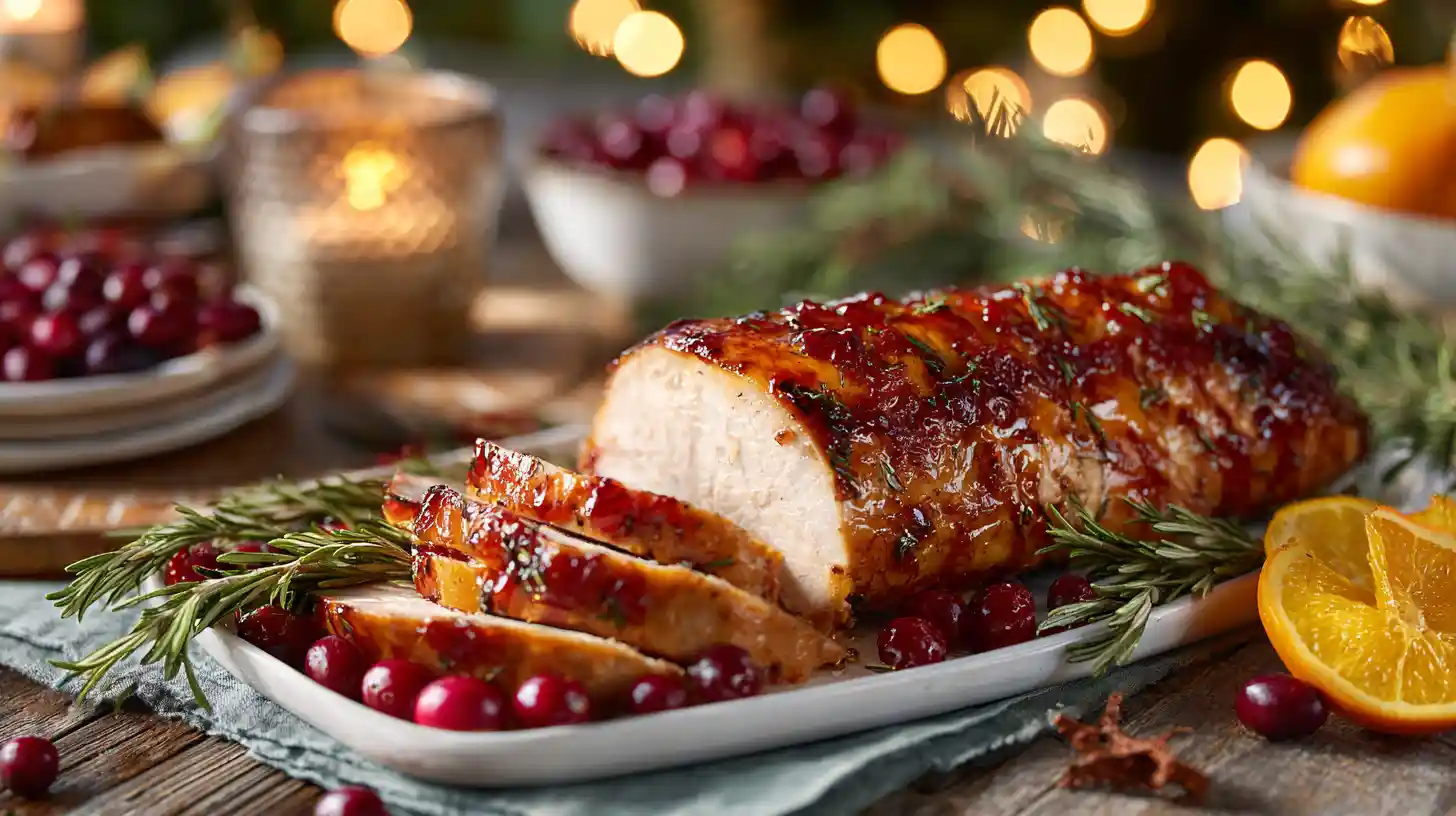 Cranberry Orange Glazed Turkey Breast with fresh cranberries, orange slices, and rosemary on a white platter for a Thanksgiving dinner.