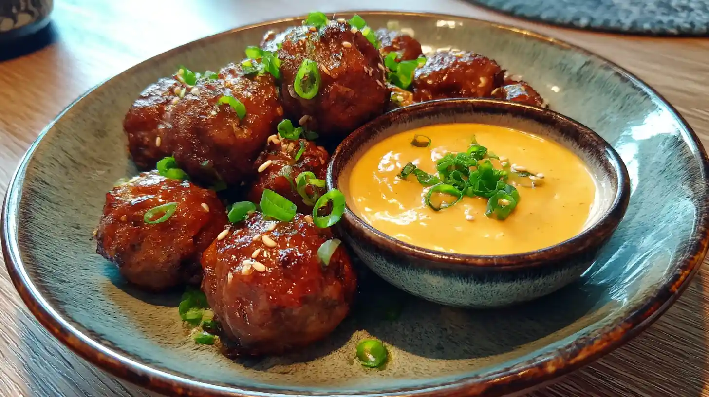 Korean BBQ meatballs with Spicy Mayo Dip, garnished with scallions and sesame Asian finger food for game night appetizers