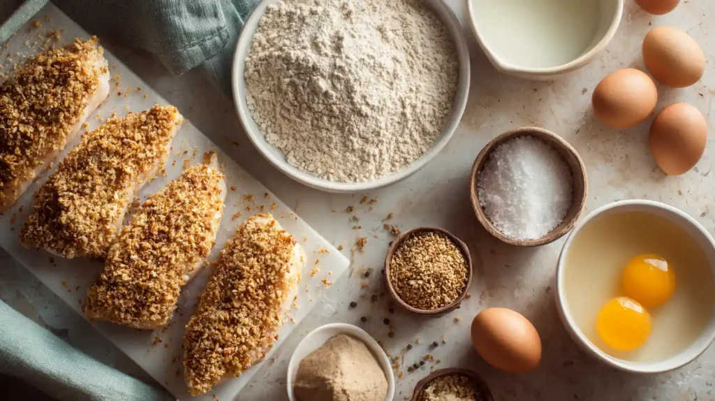 Pretzel Crusted Chicken Recipe Pretzel crusted chicken breasts ready to bake, surrounded by flour, eggs, salt, and spices on a marble surface with soft natural light.