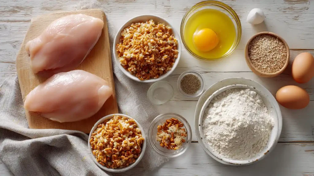 Pretzel Crusted Chicken Recipe Flat lay of pretzel crusted chicken ingredients including raw chicken breasts, crushed pretzels, flour, eggs, and seasonings on a white rustic table.