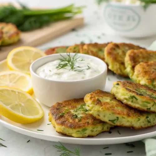 Baked Zucchini Fritters with Yogurt Dip Baked zucchini fritters served with lemon-dill yogurt sauce on a white plate.