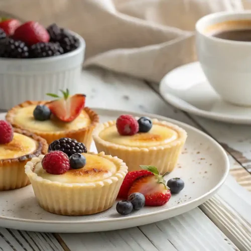 Vanilla Bean Crème Brûlée Cupcakes topped with fresh berries and served with a cup of coffee on a rustic white wooden table