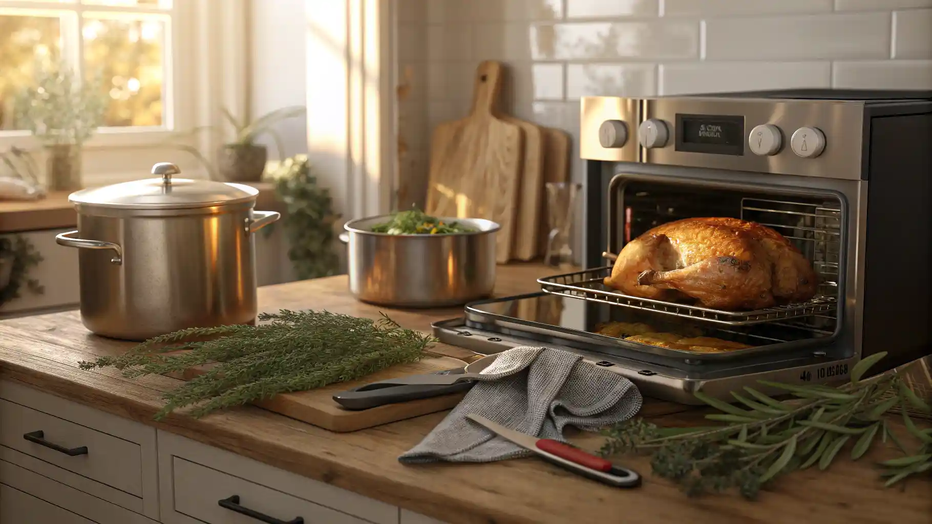 Thanksgiving cooking tools arranged on a wooden kitchen counter beside a roasted turkey in the oven.