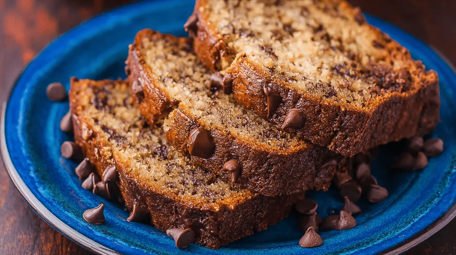 Three moist slices of homemade chocolate chip banana bread on a blue ceramic plate.