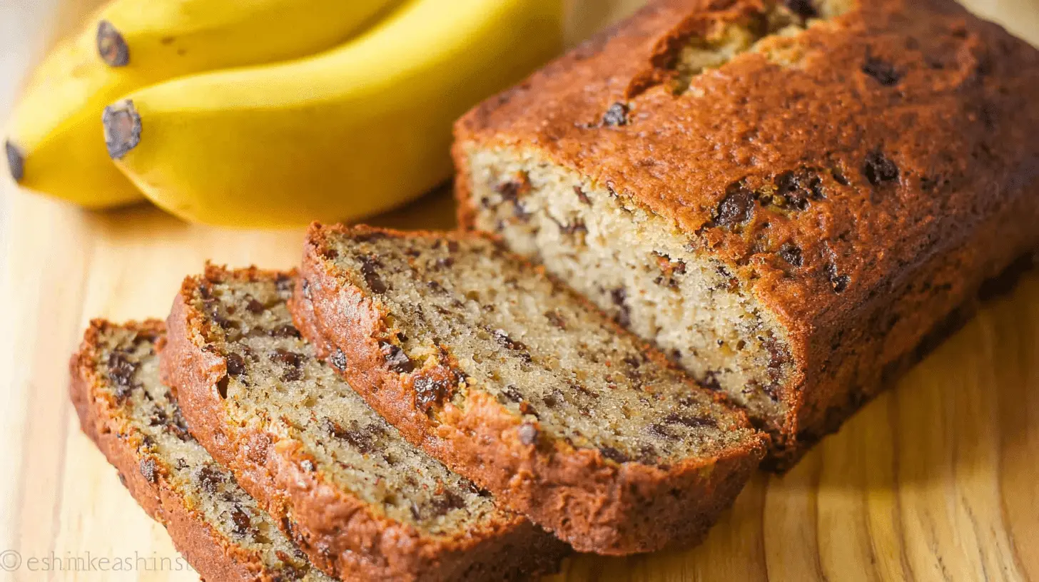 Delicious, freshly baked banana bread, sliced on a wooden board with ripe bananas, showcasing a tempting banana bread recipe.
