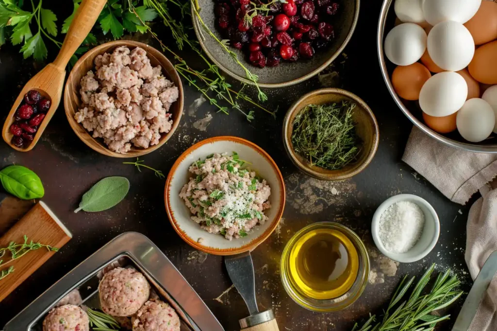 Top 5 Festive Cranberry Turkey Stuffing Balls Recipe Flat-lay of ground turkey, cranberries, stuffing mix, and herbs for Festive Cranberry Turkey Stuffing Balls recipe