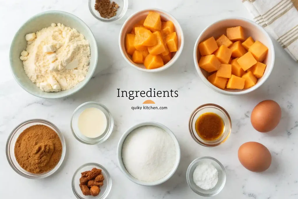 Flat lay of pumpkin pancake ingredients on marble: flour, pumpkin cubes, eggs, sugars, milk, vanilla, baking powder, spices, butter.