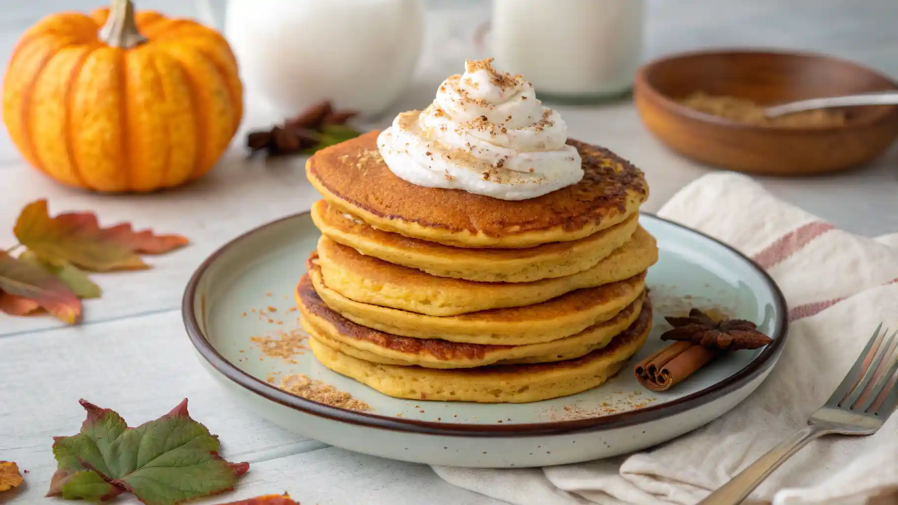 Fluffy pumpkin protein pancakes stacked high with maple syrup drizzle, Greek yogurt topping, and cinnamon on a rustic breakfast table.