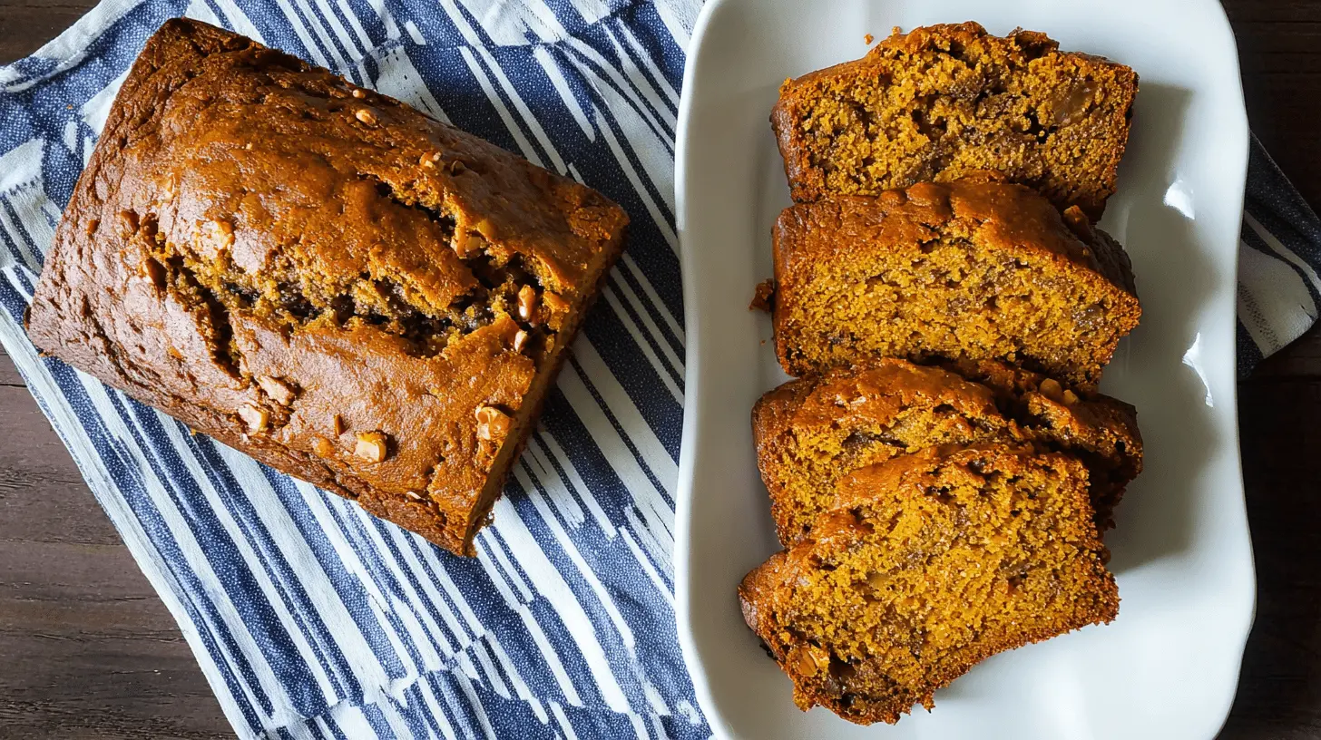 Freshly baked pumpkin banana bread loaf with chopped nuts and four ready-to-eat slices on a white plate.