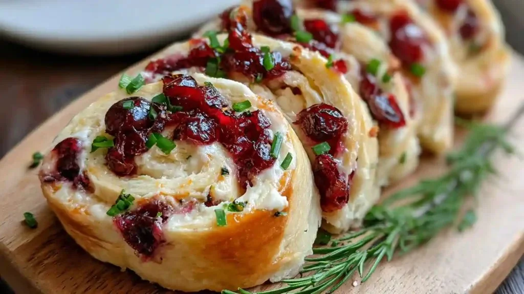 Savory Christmas Cranberry Roll-Ups served on a festive platter