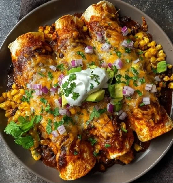 Sweet Potato, Corn, and Black Bean Enchiladas served on a wooden plate