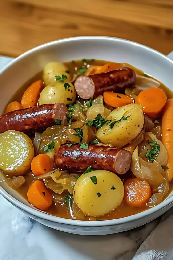 Traditional sausage and vegetable stew in a bowl, garnished with herbs.