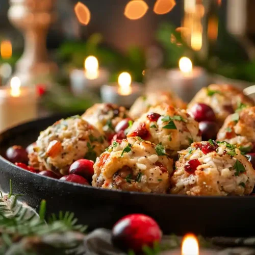Festive Cranberry Turkey Stuffing Balls on a holiday platter with cranberries and herbs