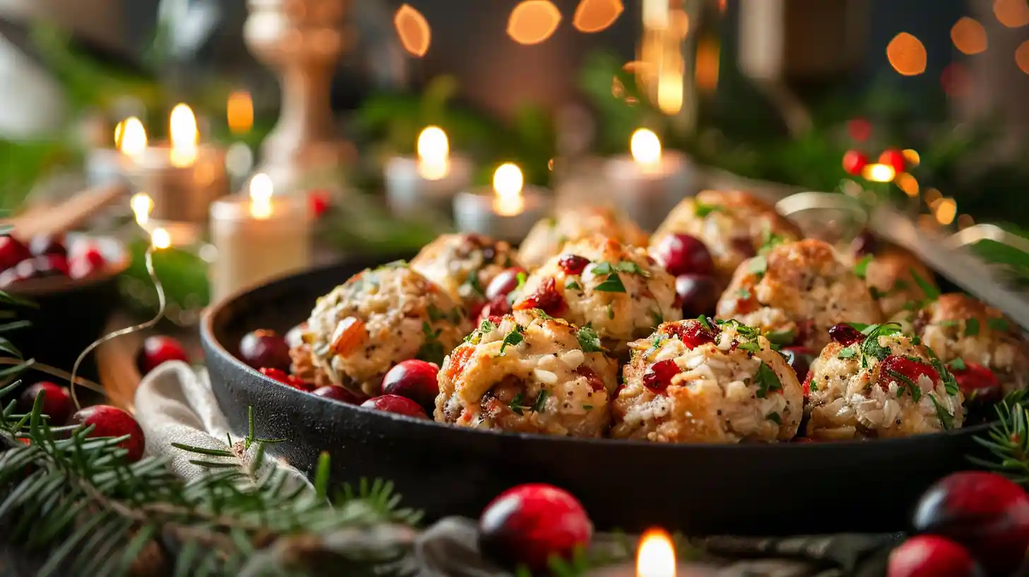 Festive Cranberry Turkey Stuffing Balls on a holiday platter with cranberries and herbs