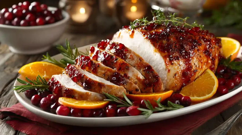 Perfect Cranberry Orange Glazed Turkey Thanksgiving dinner table with cranberry orange glazed turkey breast, mashed potatoes, green beans, and stuffing.