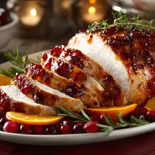 Perfect Cranberry Orange Glazed Turkey Thanksgiving dinner table with cranberry orange glazed turkey breast, mashed potatoes, green beans, and stuffing.