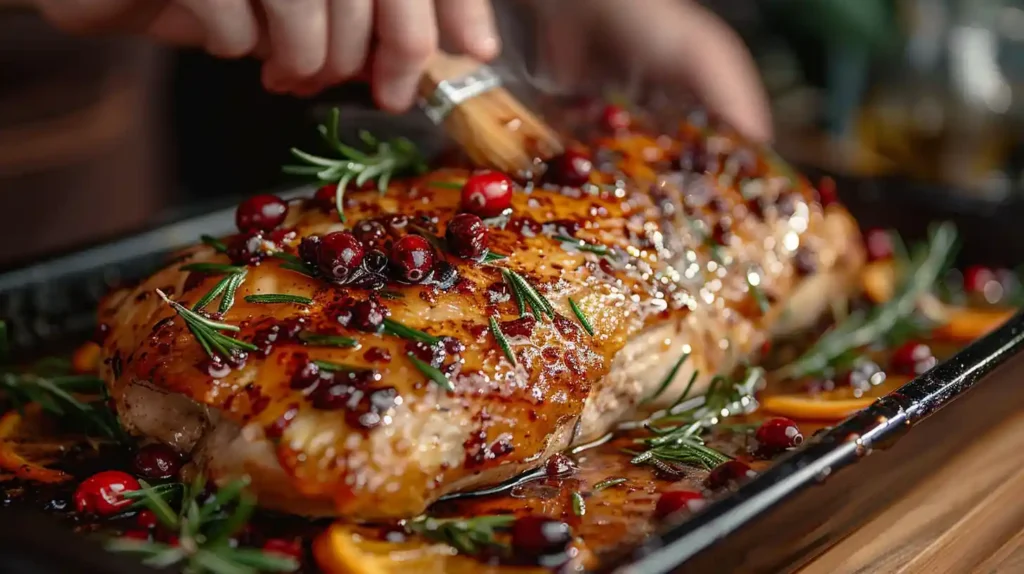 Perfect Cranberry Orange Glazed Turkey Chef brushing cranberry orange glaze onto a roasting turkey breast during Thanksgiving cooking preparation.