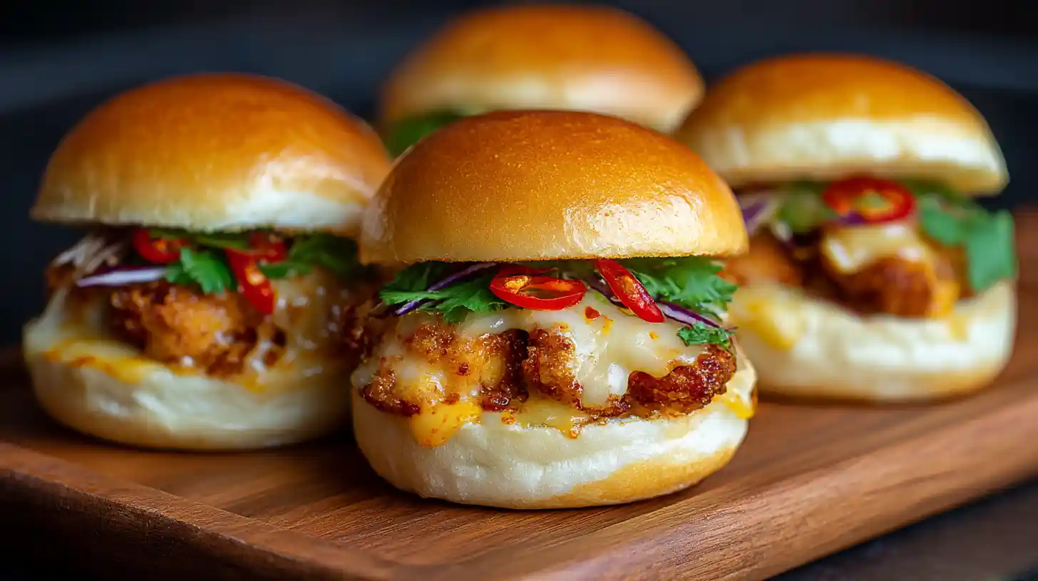 Cheesy Dynamite Chicken Buns in paper liners with glossy, torched tops on a marble surface, arranged in a soft, shallow-focus scene.