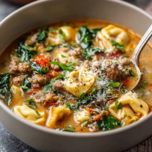 Bowl of autumn tortellini soup garnished with herbs and vegetables