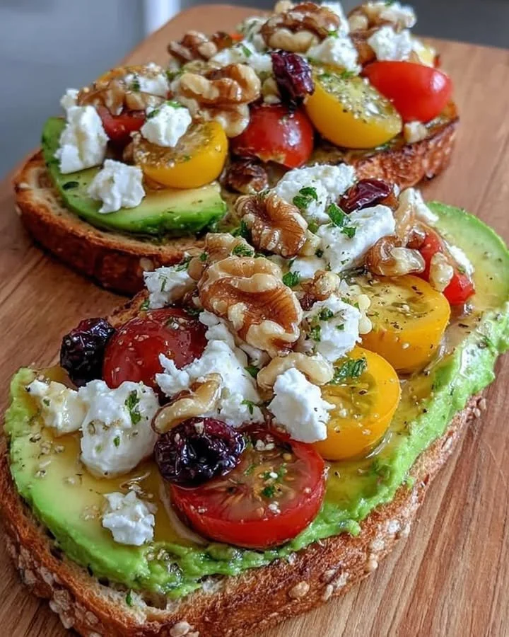 Avocado toast topped with feta cheese, cherry tomatoes, cranberries, and walnuts