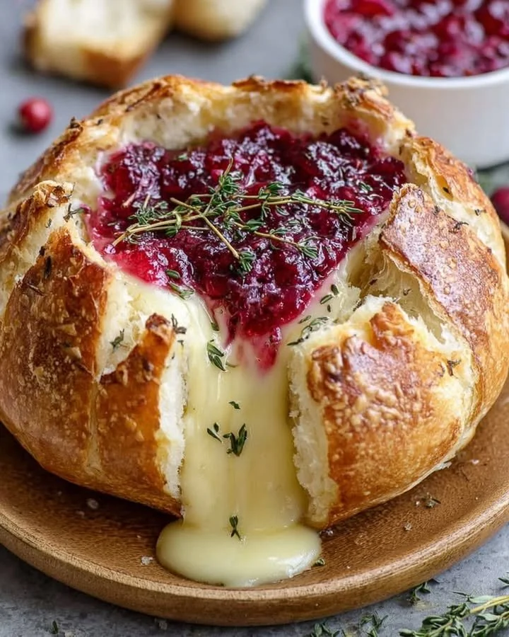 Baked Brie in a bread bowl with cranberry sauce and thyme garnish