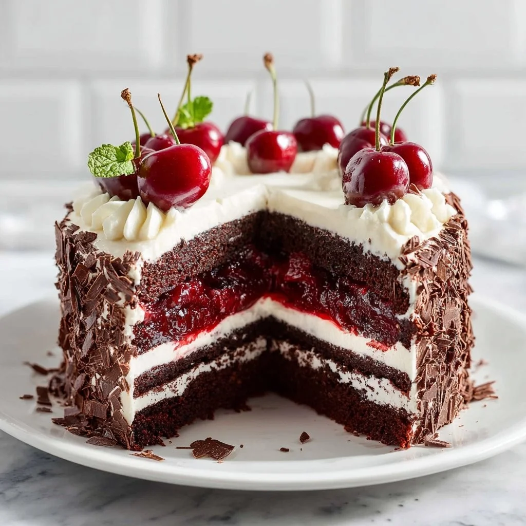 Delicious slice of Black Forest Cake topped with cherries and whipped cream