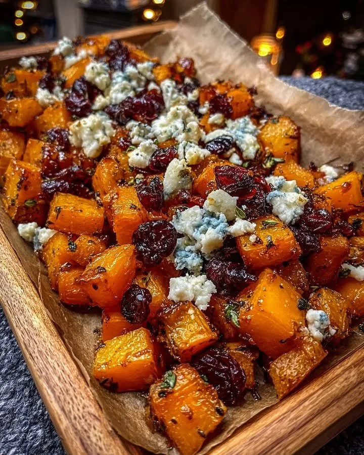 Caramelized butternut squash topped with gorgonzola cheese and cranberry-balsamic glaze.